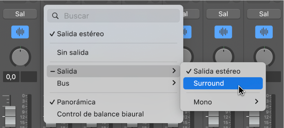 Ilustración. Se está seleccionado Surround en el menú desplegable Salida de un canal.