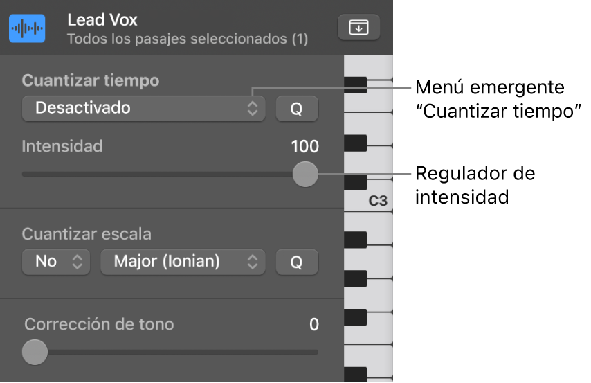 Ilustración. Menú desplegable Cuantizar y regulador Sensibilidad.