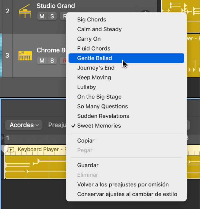 Ilustración. El menú desplegable Preajustes del editor de Session Player.