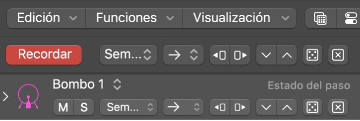 Botón de modo “Aprendizaje (añadir)” activo en la barra de menús del secuenciador de pasos.