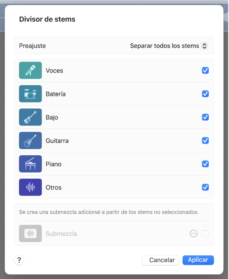 Ilustración. La ventana “Divisor de stems” con partes seleccionadas para su extracción.