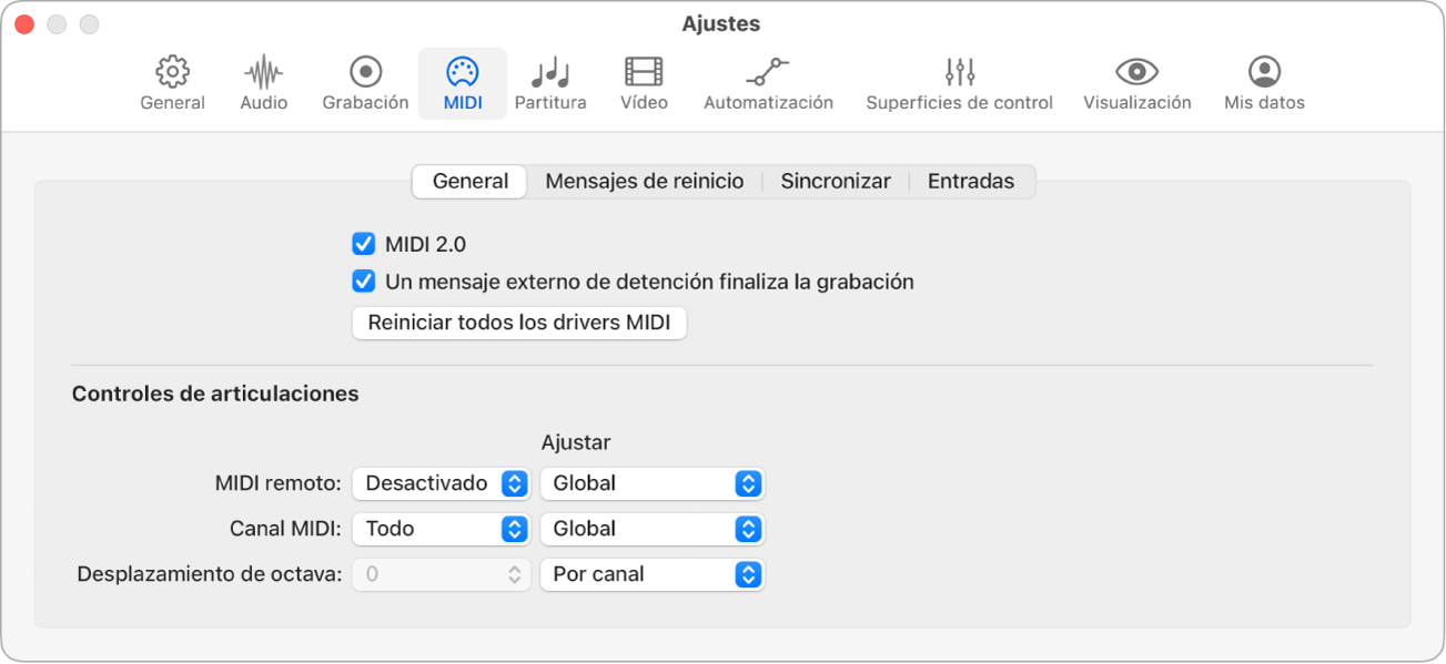 Ilustración. Ajustes generales de MIDI.