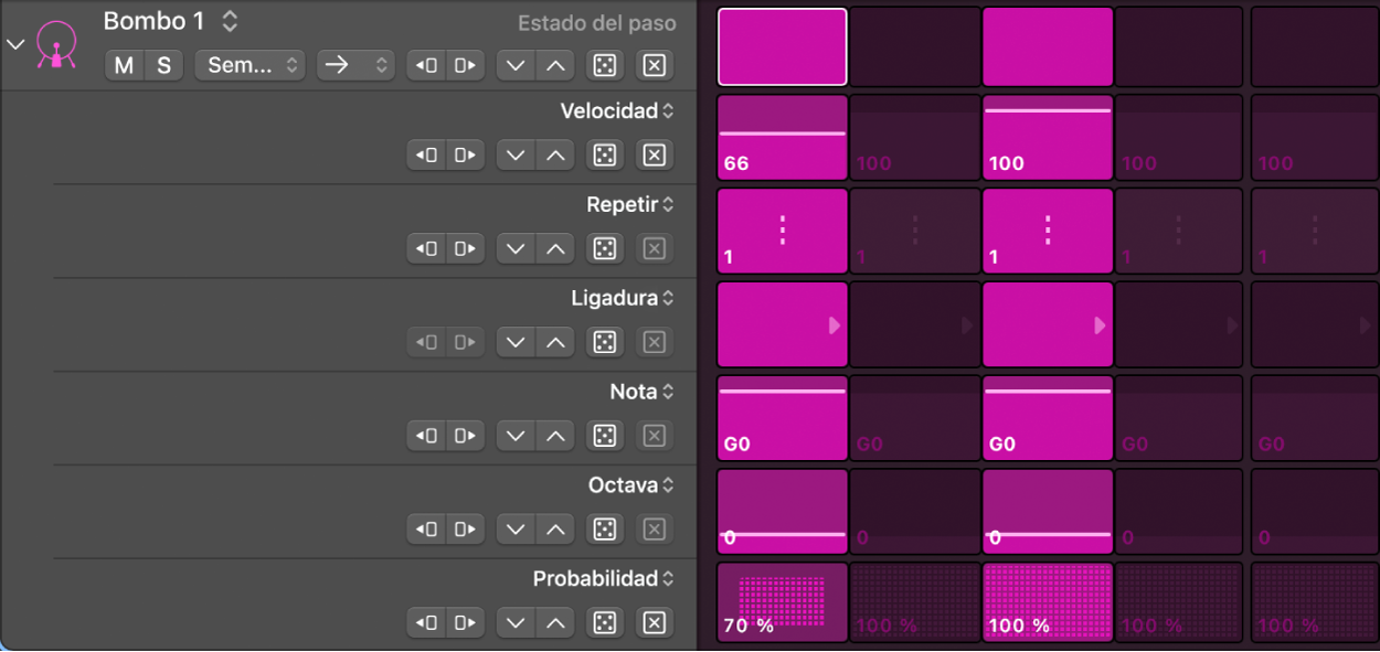 Fila y subfilas del secuenciador de pasos, cada una con un modo de edición distinto.