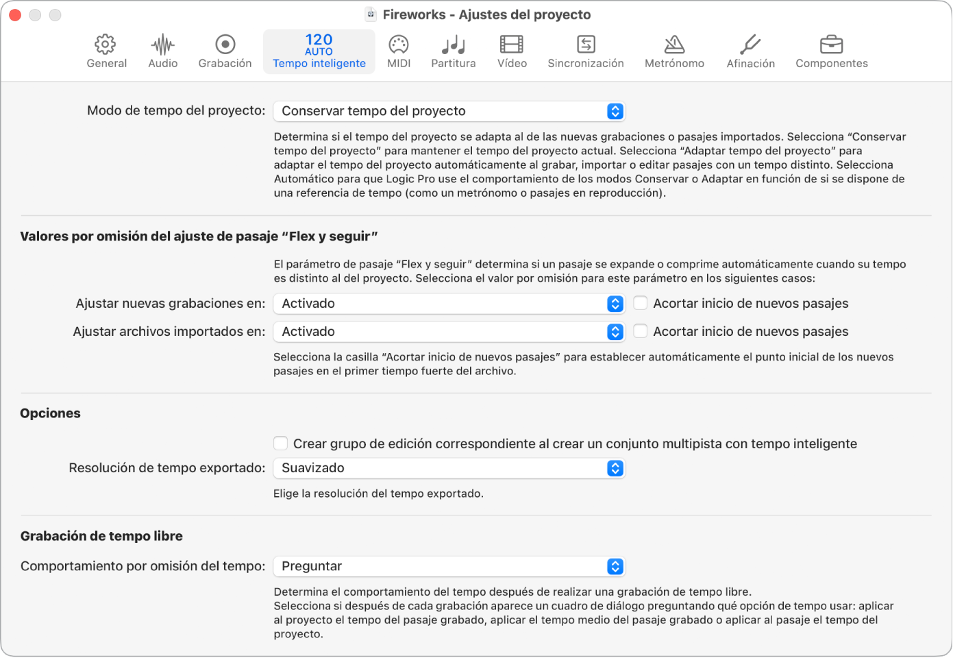 Ilustración. Panel “Tempo inteligente” de ajustes del proyecto.