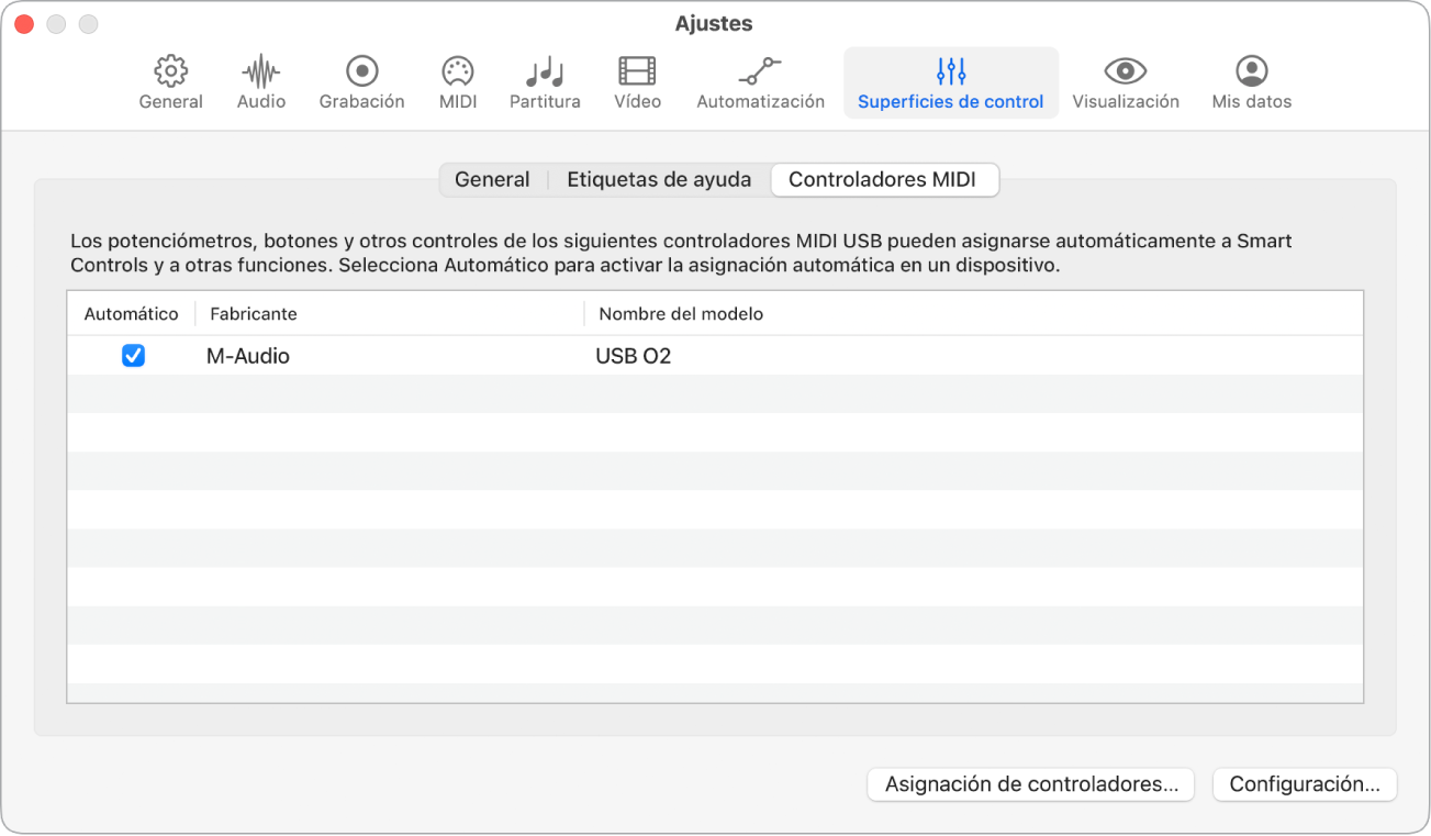 Ilustración. Ajustes de controladores MIDI.