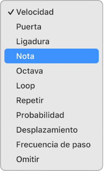 Menú desplegable “Modo de edición” del secuenciador de pasos abierto en una subfila, que muestra los diferentes modos de edición.