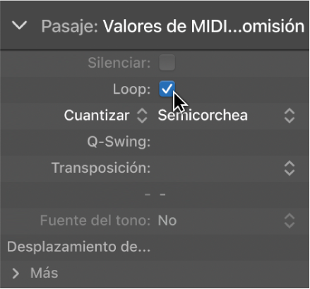Ilustración. Casilla del parámetro Loop en el inspector de pasajes.