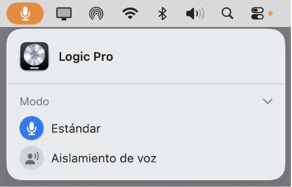 Ilustración. El cuadro de diálogo de modo de micrófono abierto desde la barra de menús principal con el modo estándar seleccionado para Logic Pro.