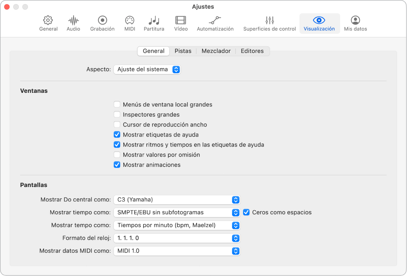 Ilustración. Ajustes generales de visualización.