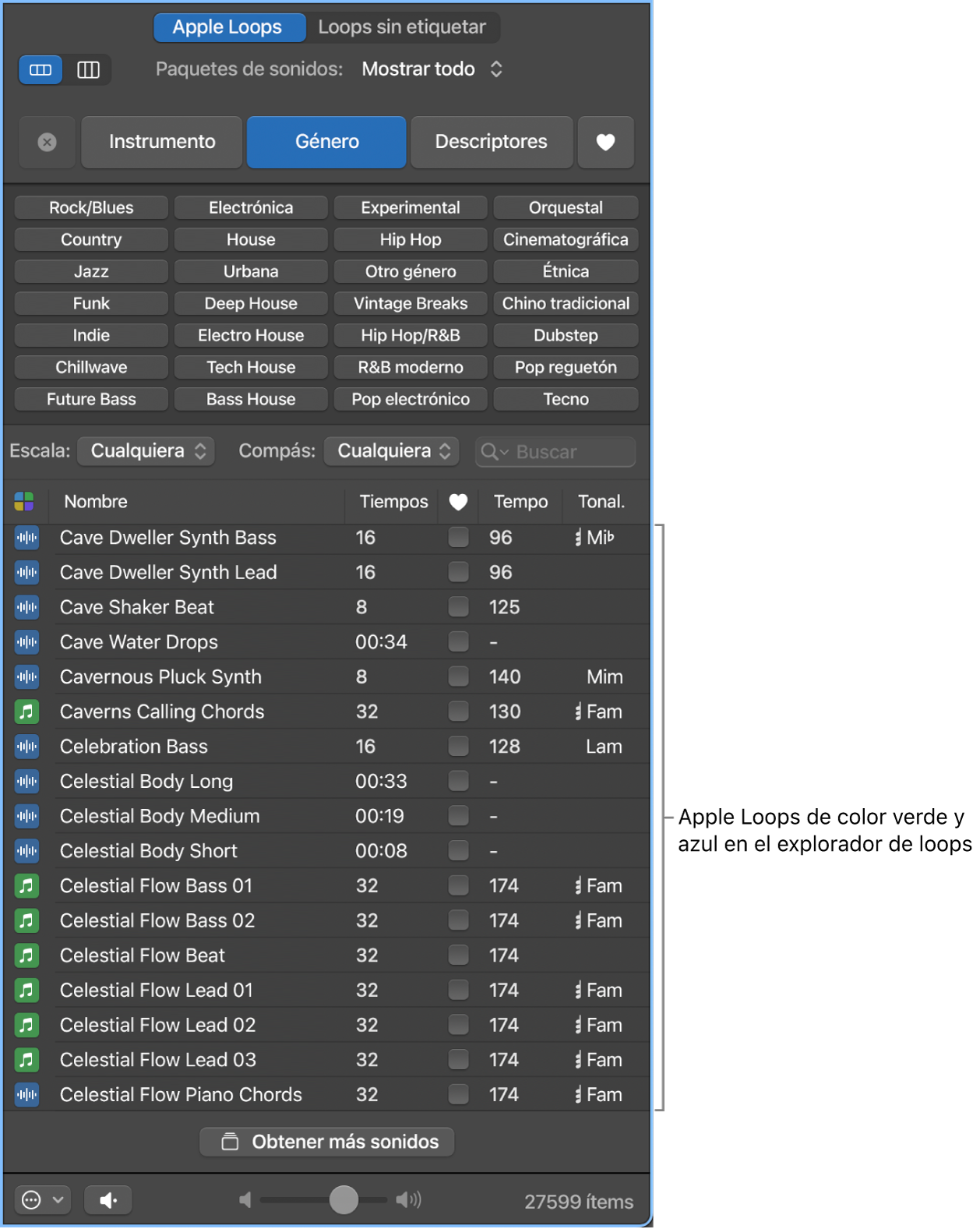 Explorador de loops con Apple Loops MIDI (en color verde) y de audio (en color azul).