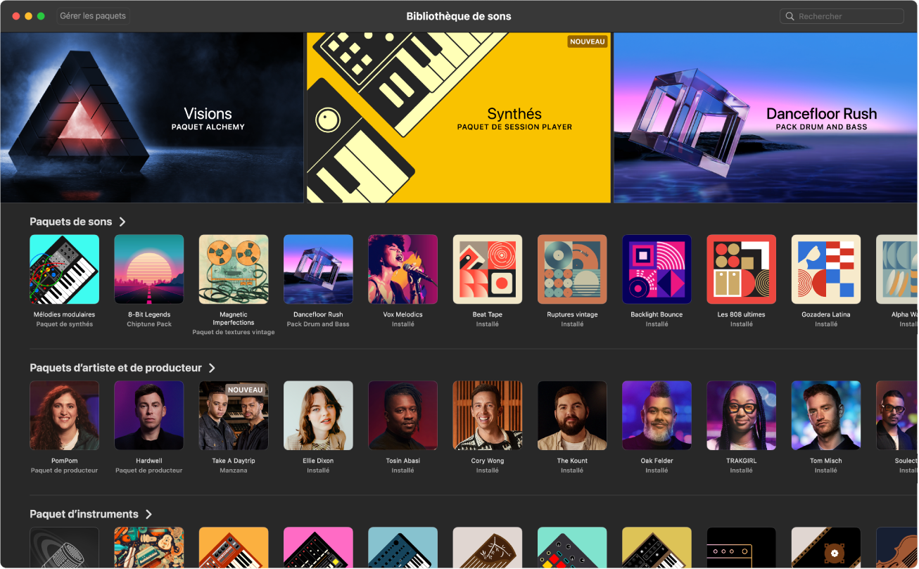 Figure. Bibliothèque de sons dans Logic Pro pour Mac.