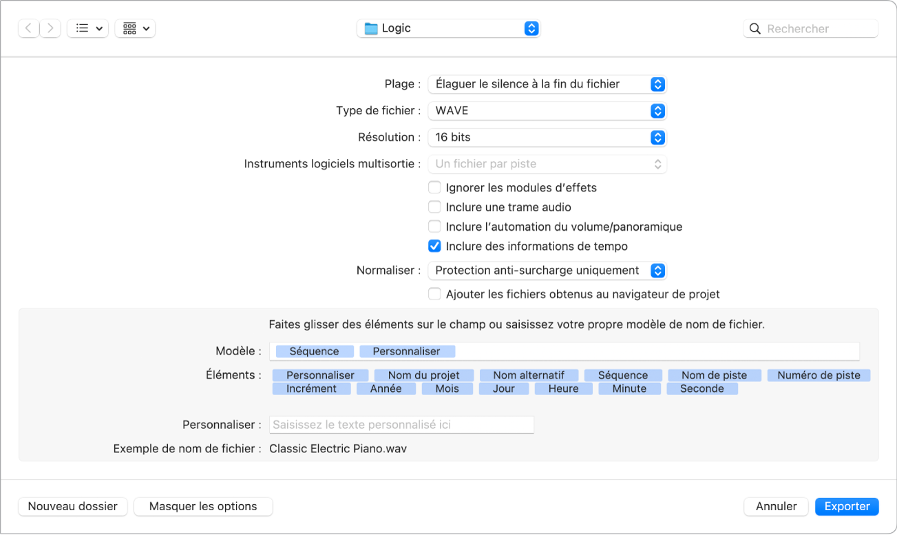 Figure. Zone de dialogue Région comme fichier audio.