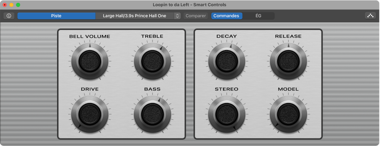 Zone des Smart Controls affichant le menu local « Effets piste principale » avec des réverbérations partagées.