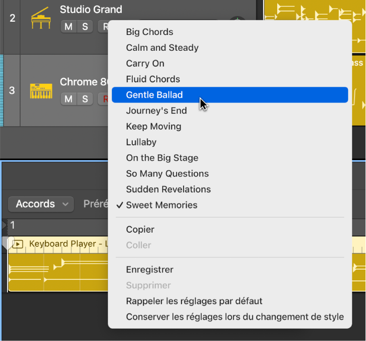 Figure. Menu local Préréglages dans l’éditeur de Session Player.