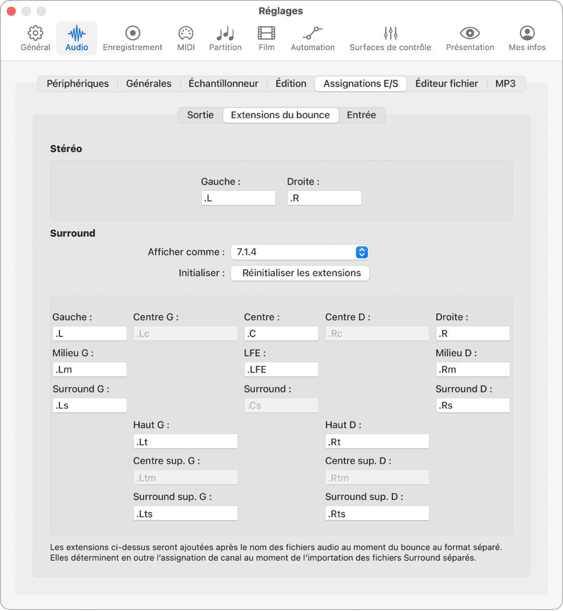 Figure. Sous-fenêtre Extensions du Bounce.