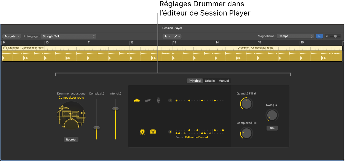 Figure. Éditeur de Session Player avec réglages Drummer.