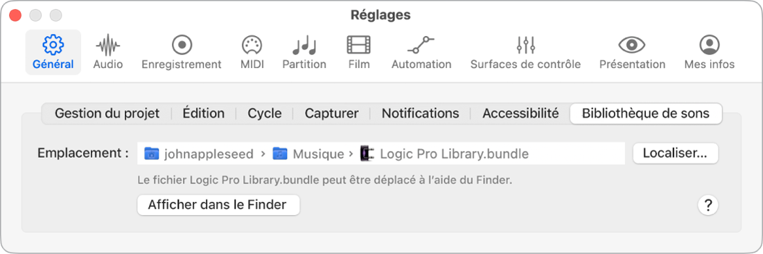Figure. Réglages de la bibliothèque de sons.