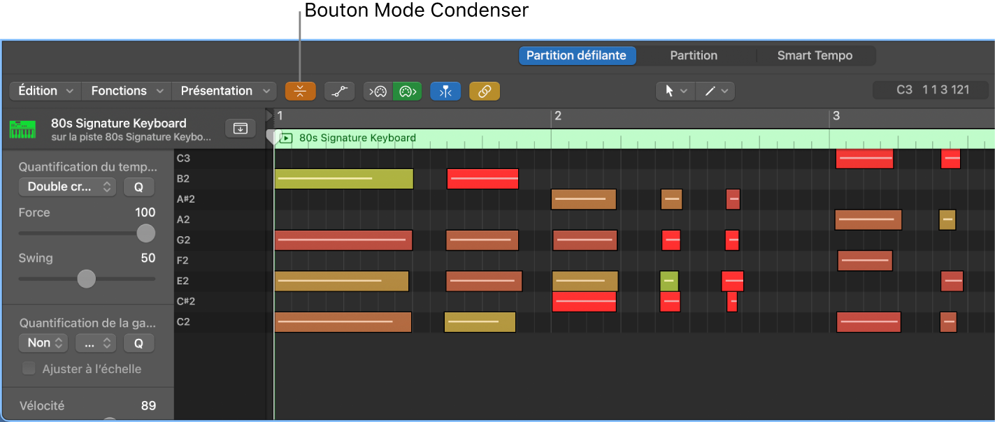 Figure. Éditeur de partition défilante, avec mise en évidence du bouton Mode Condenser.