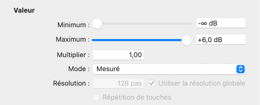 Figure. Paramètres Valeur dans la présentation Expert.