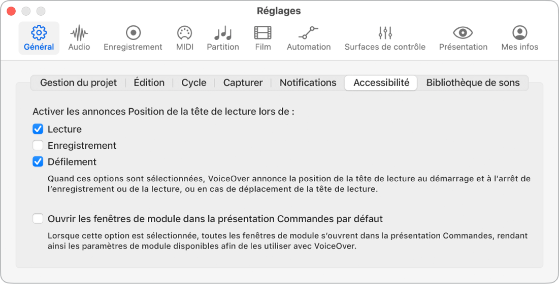 Figure. Réglages d’accessibilité.