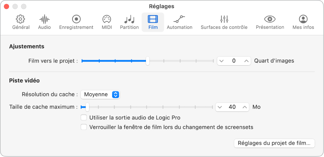 Figure. Réglages Film.