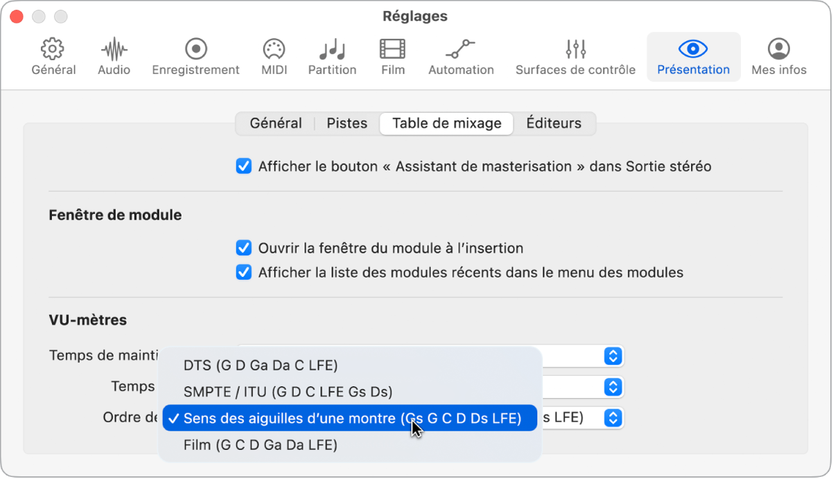 Figure. Sous-fenêtre des réglages de la présentation Table de mixage.