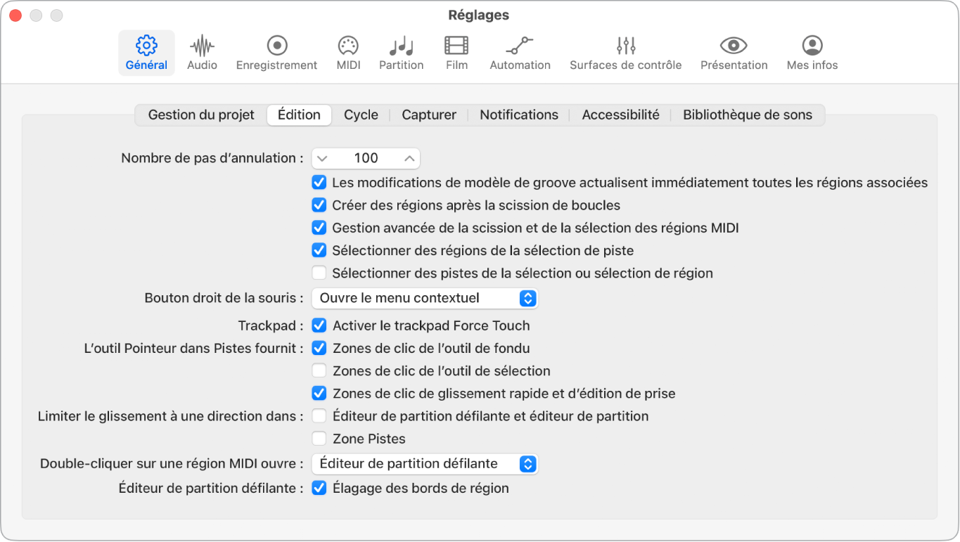 Figure. Réglages d’édition.