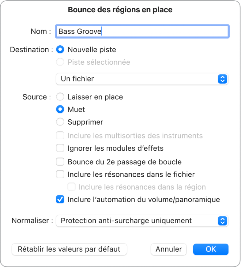 Figure. Zone de dialogue « Bounce des cellules à leur place ».