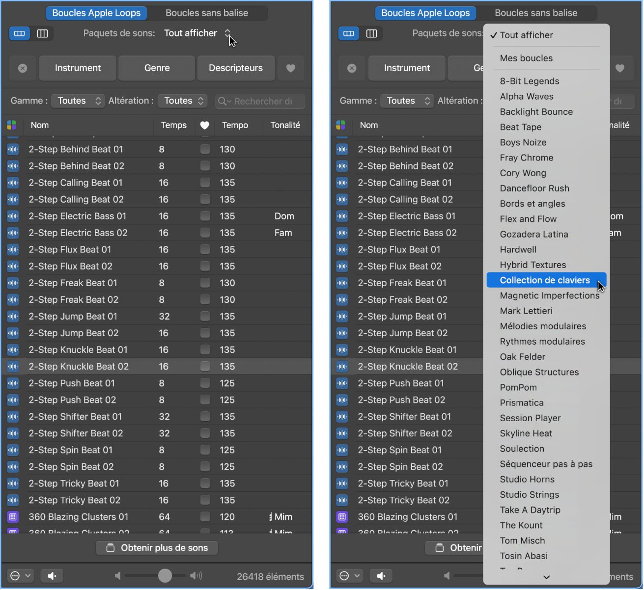 Figure. Menu local « Paquets de sons » affichant les boucles disponibles.