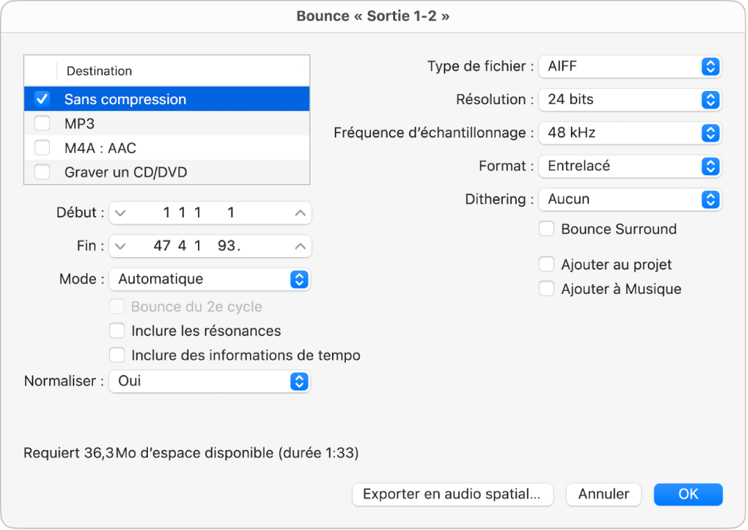 Figure. Options Sans compression dans la zone de dialogue Bounce.