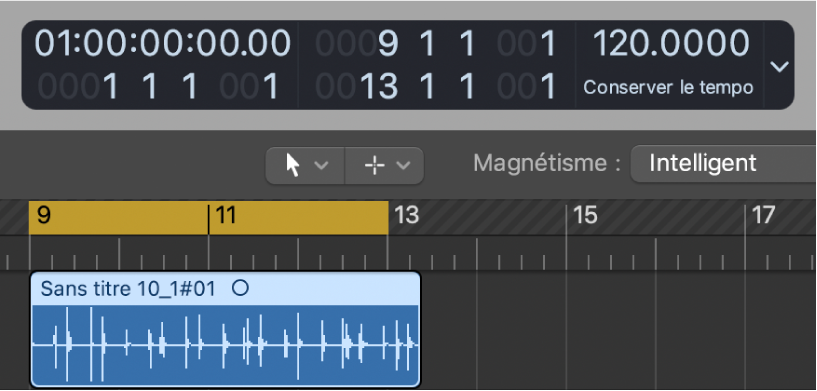 Figure. Zone Pistes affichant la plage de locators définie légèrement plus courte que la région audio.