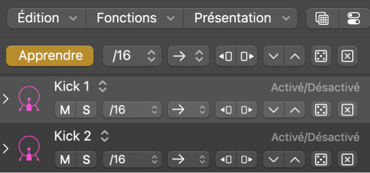 Bouton Mode d’apprentissage (Attribuer) actif dans la barre des menus du séquenceur pas à pas.