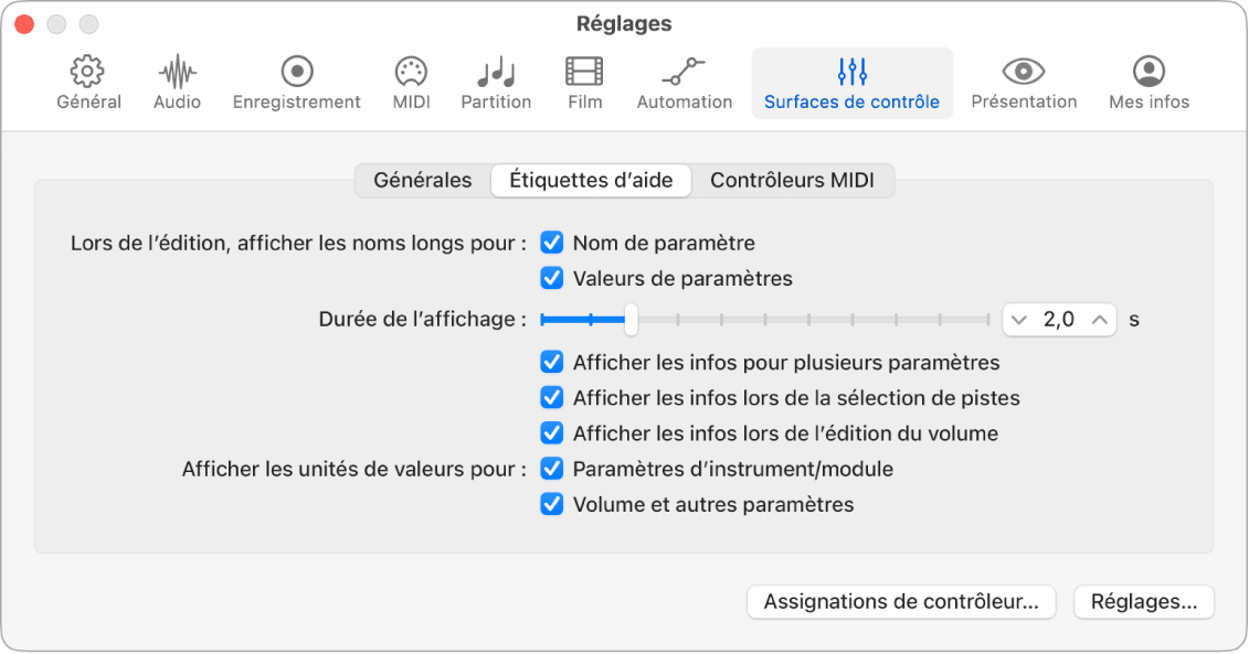 Figure. Réglages des bulles d’aide.