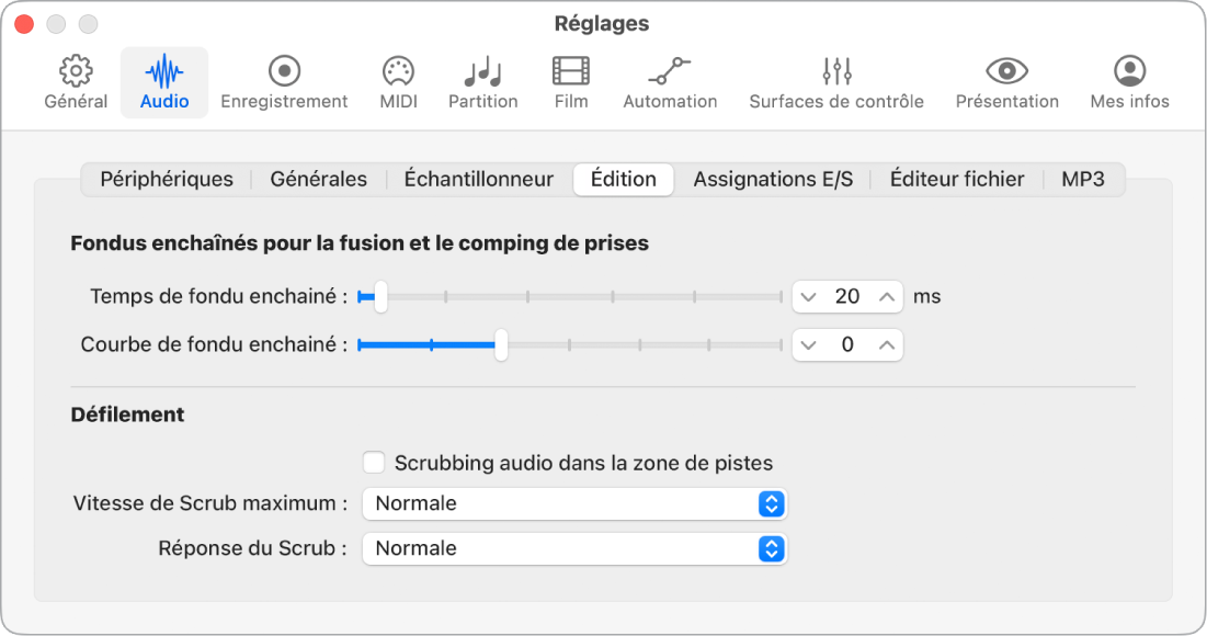Figure. Réglages d’édition audio.