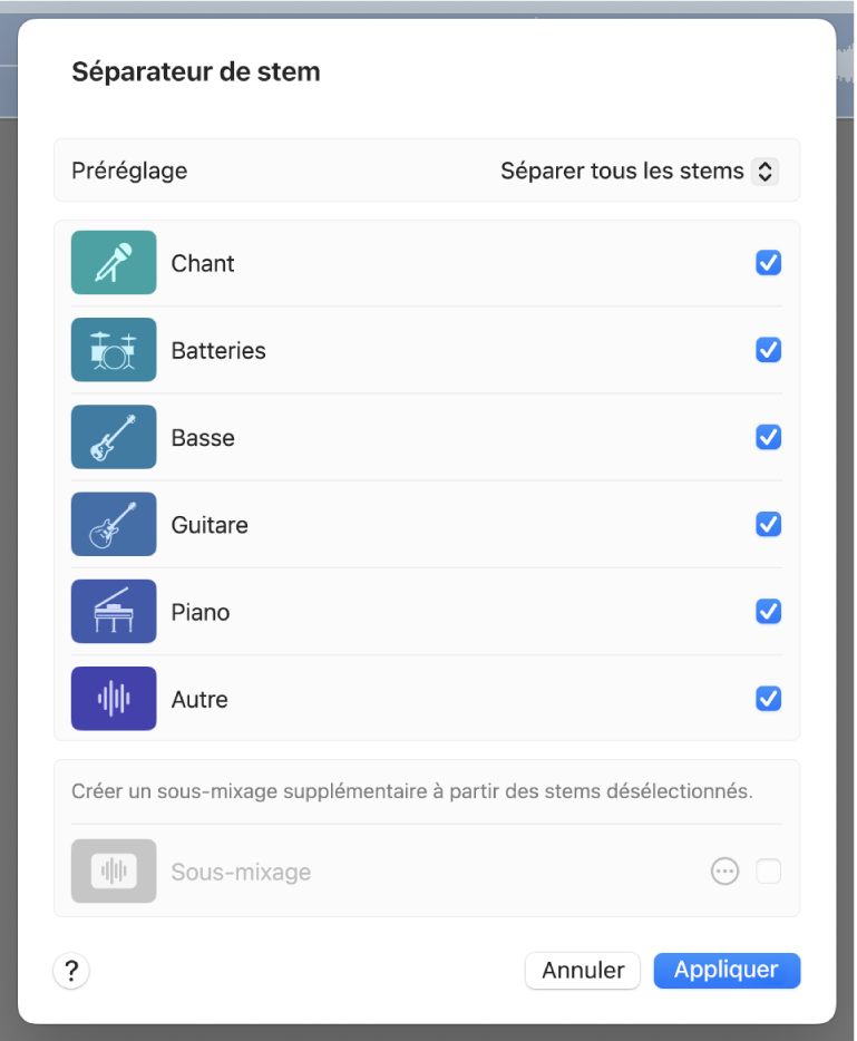 Figure. Fenêtre Séparateur de stem affichant des parties sélectionnées à extraire.