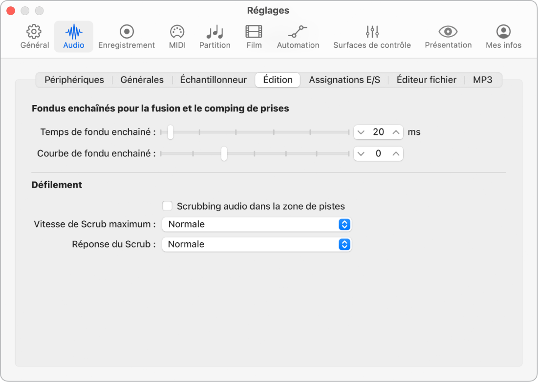 Figure. Réglages d’édition audio montrant les paramètres de fondu.