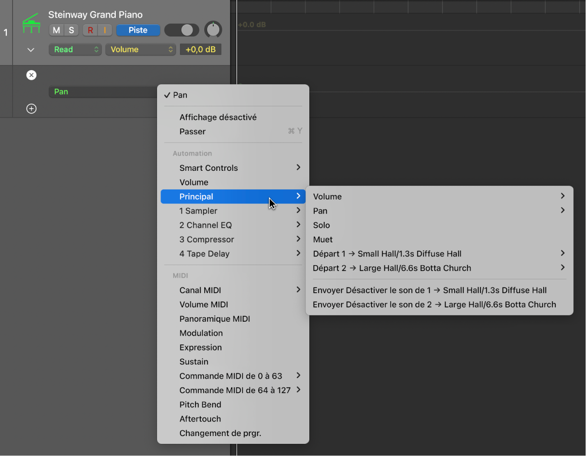 Figure. Choix d’un paramètre d’automation dans le menu local.