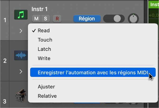 Élément de menu « Enregistrer l’automation avec les régions MIDI » dans le menu local « Mode Automation ».