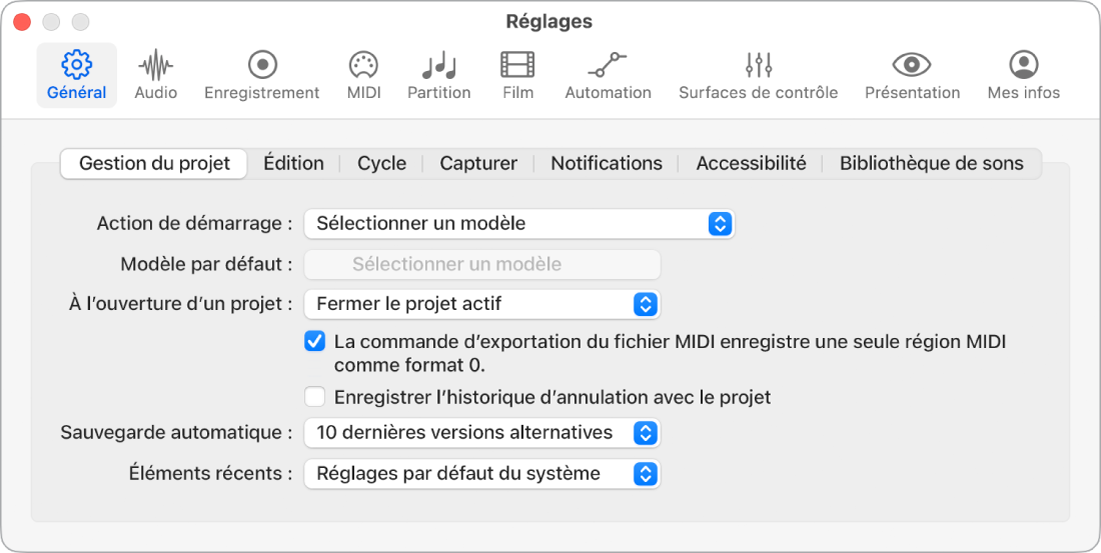 Figure. Réglages généraux de gestion de projet.