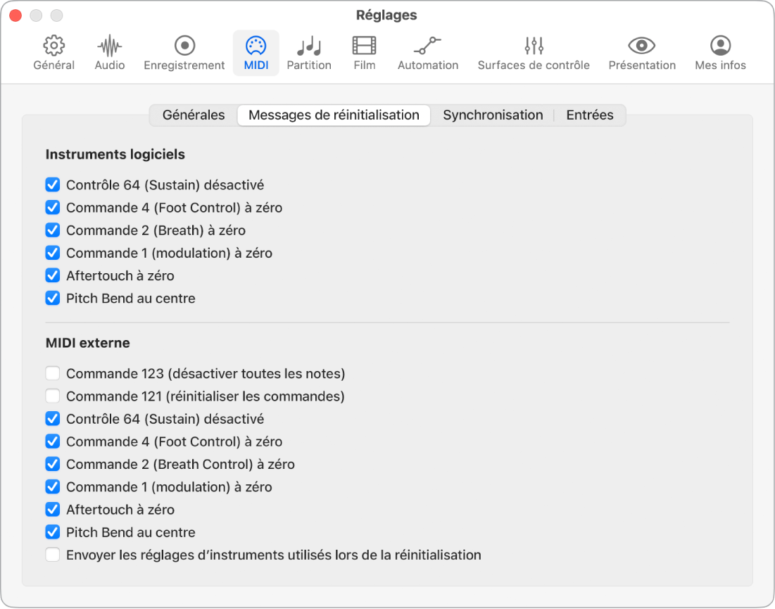 Figure. Réglages de messages de réinitialisation.