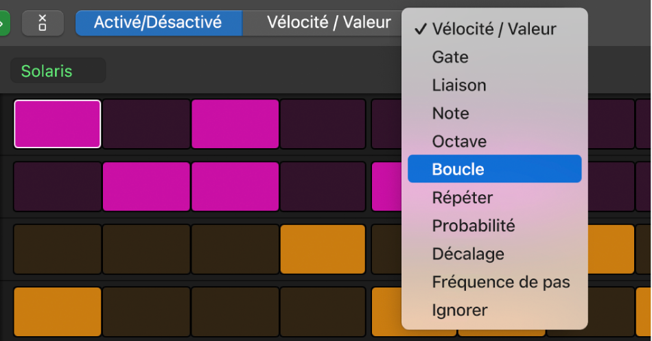 Sélecteur du mode d’édition du séquenceur pas à pas montrant les différents modes.