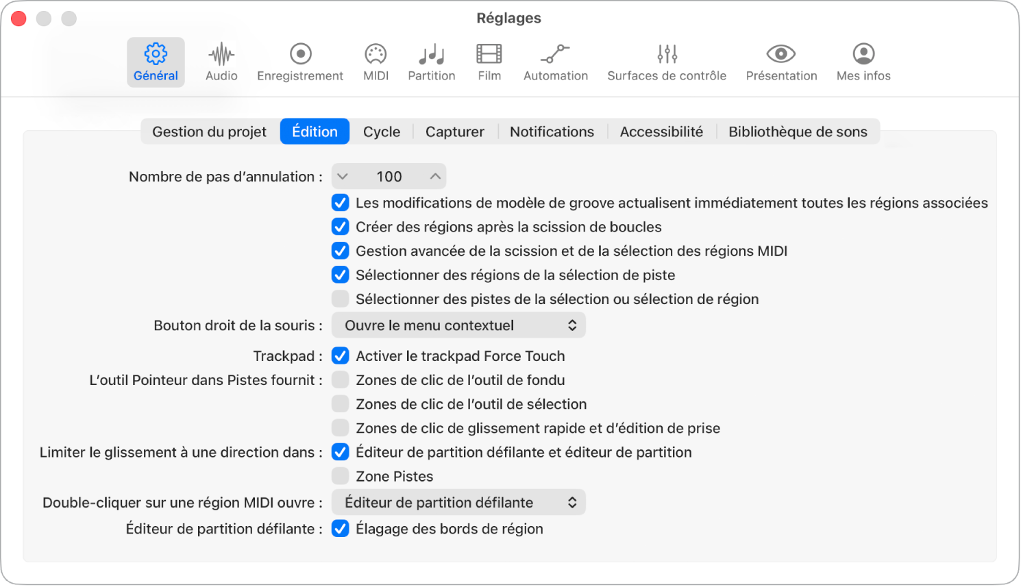 Figure. Réglages généraux d’édition avec options permettant de limiter le mouvement de glissement des notes