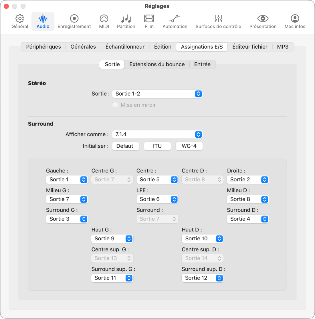 Figure. Sous-fenêtre Assignations E/S des réglages Audio.