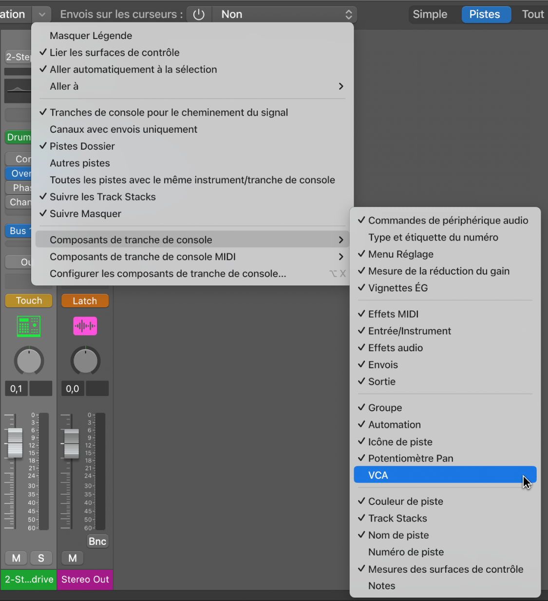 Figure. Sous-menu « Composants de tranche de console » dans le menu Présentation de la table de mixage.