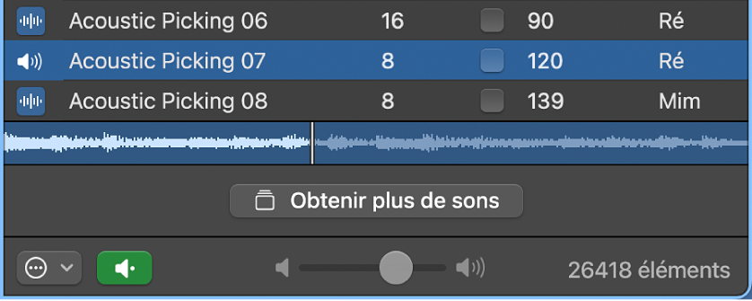 Figure. Curseur Volume et menu local « Lire dans » dans le navigateur de boucles.
