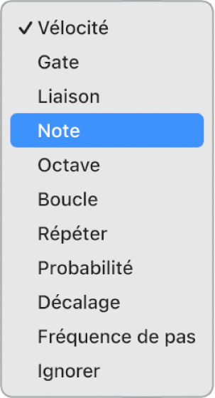 Menu local Mode Édition du séquenceur pas à pas ouvert dans une sous-rangée, avec les différents modes.