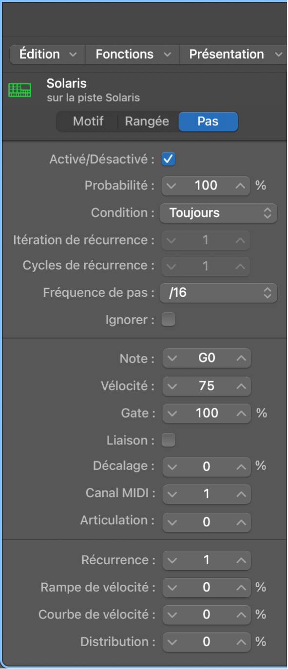 Inspecteur local du séquenceur pas à pas affichant les réglages du pas.