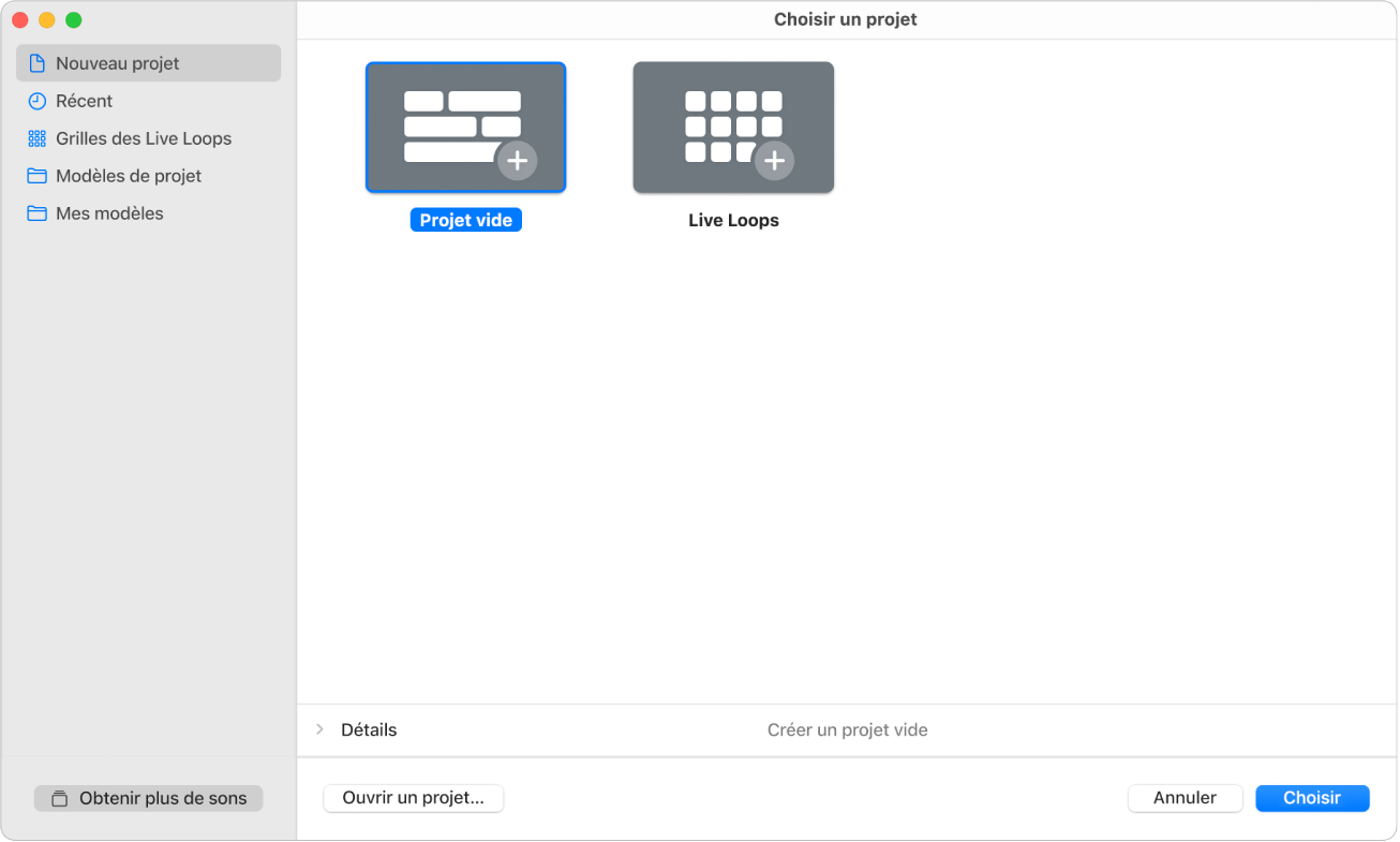 Figure. Sélecteur de projet avec l’option Projet vide sélectionnée.