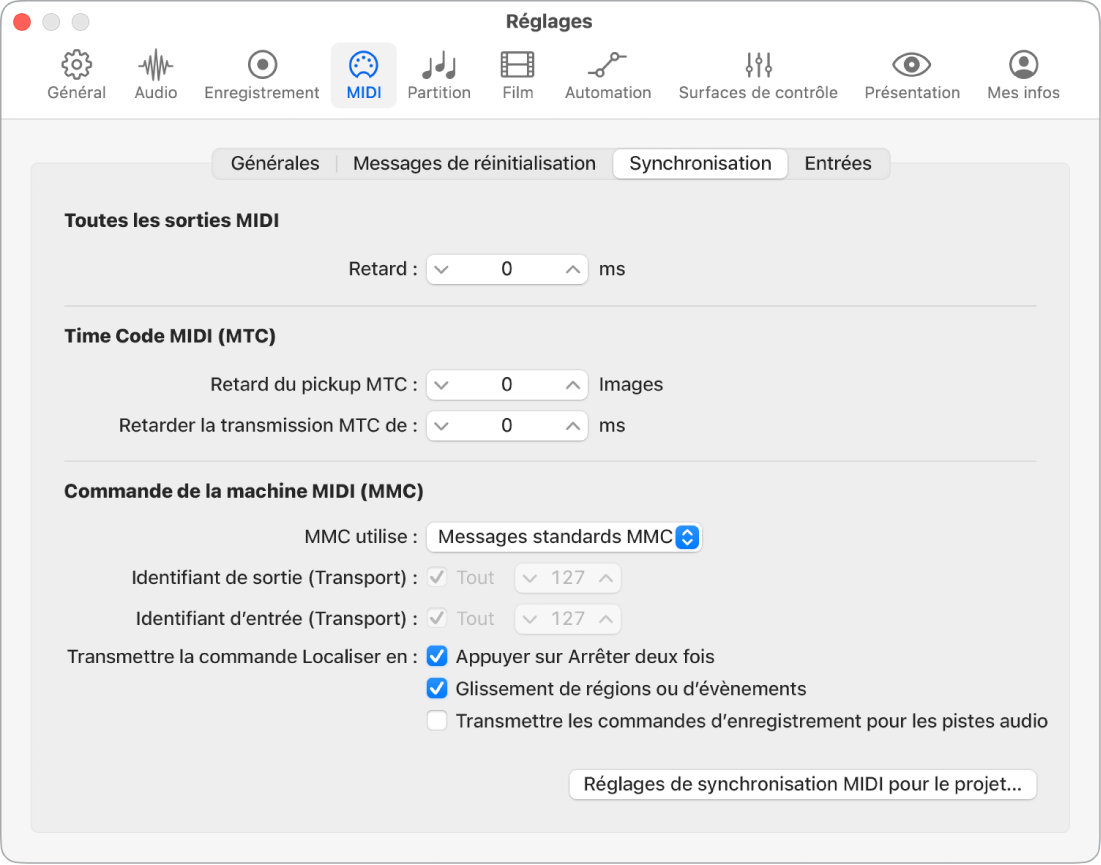 Figure. Réglages de synchronisation