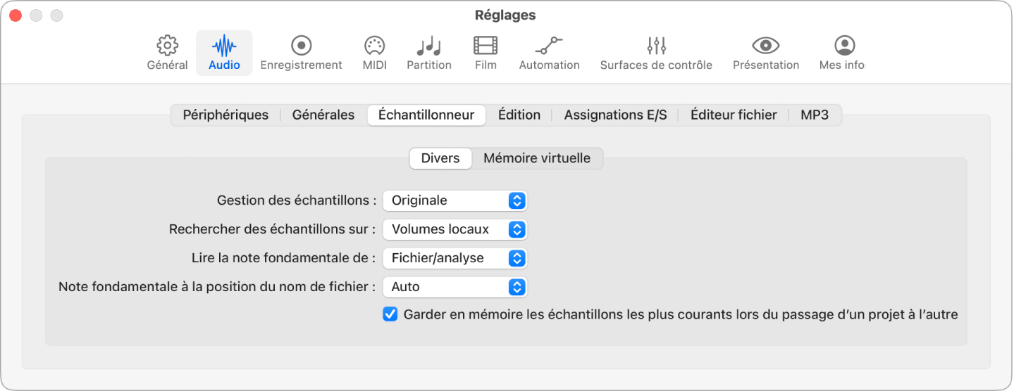 Figure. Réglages de l’échantillonneur